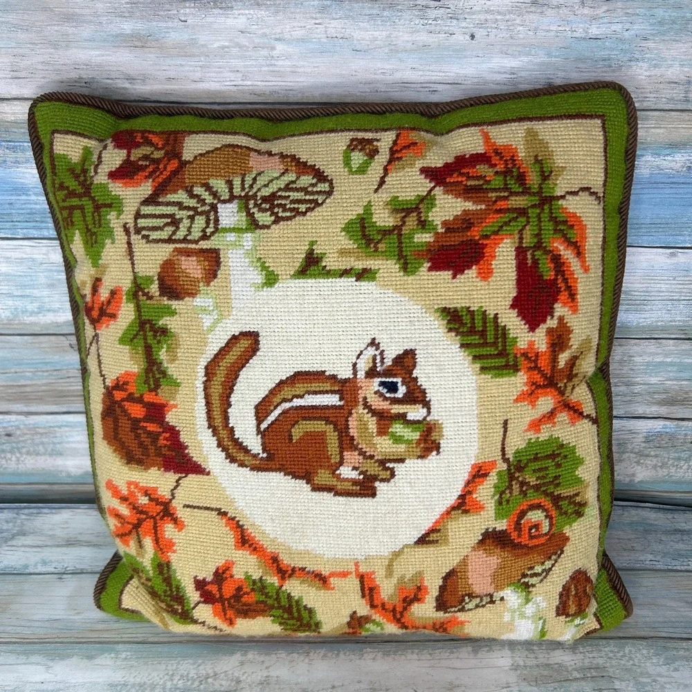 Vintage Needlepoint Pillow Chipmunk‎ Fall Mushroom Leaves Handmade Retro 70s 80s
